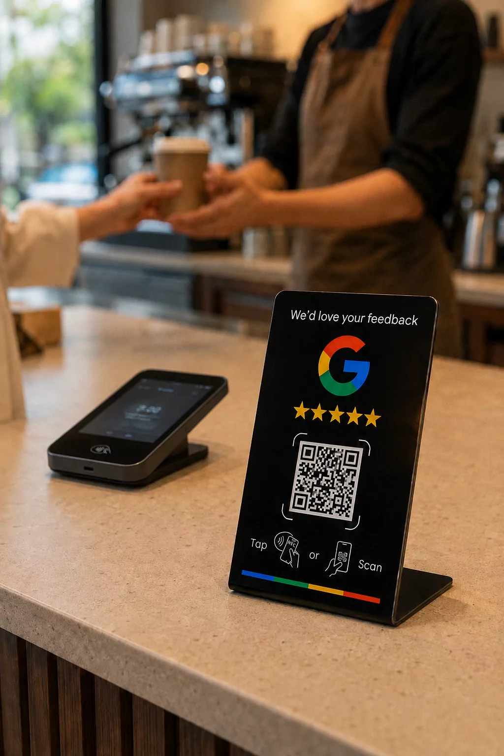 The black stand on a cafe pay counter beside a card terminal, with a barista handing a coffee across the counter behind it