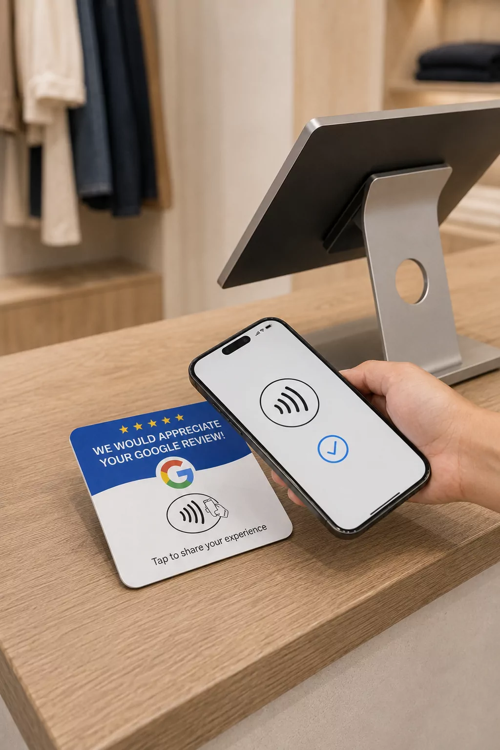 A hand holding a phone against the plate on a wooden shop counter, the phone showing a contactless symbol and a confirmation tick