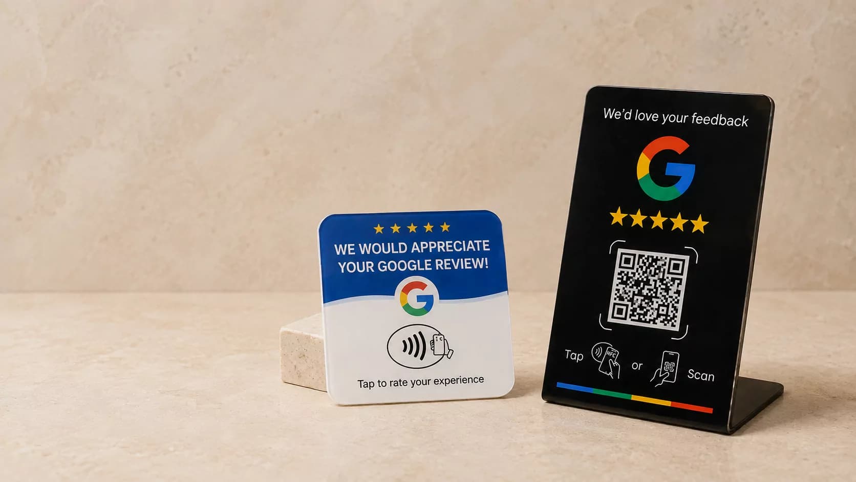 The blue and white square review plate beside the taller black stand on a pale seamless background, showing the two at true relative size