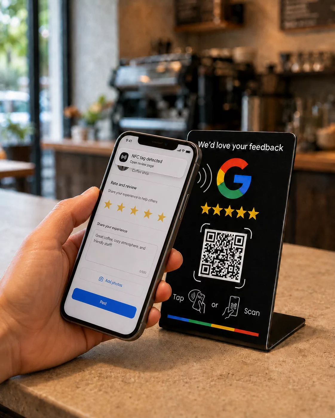 A hand holding a phone against the black stand on a cafe counter. The phone shows an NFC tag detected notice above an open review form with five stars